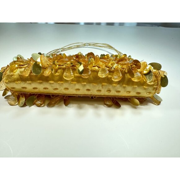 Gold Beaded Evening Handbag With Sequins & Drop Accents Beaded Handle Zipper Clo - Picture 5 of 7